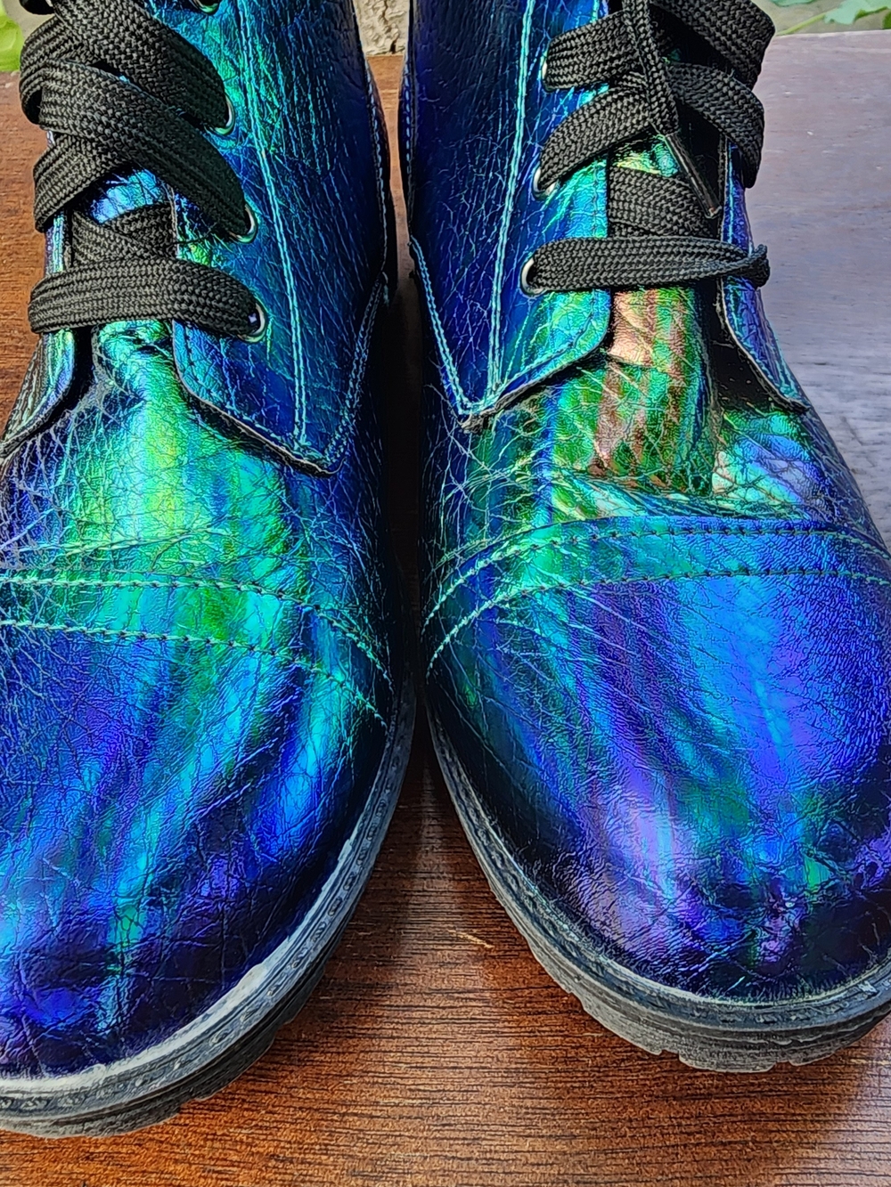 Vintage N.Y.L.A. Iridescent Metallic Oil Slick Combat Boots Blue Green [8] - Picture 4 of 10